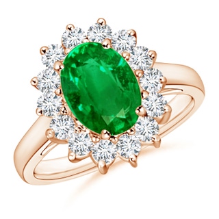 9x7mm AAAA Princess Diana Inspired Emerald Ring with Diamond Halo in 10K Rose Gold