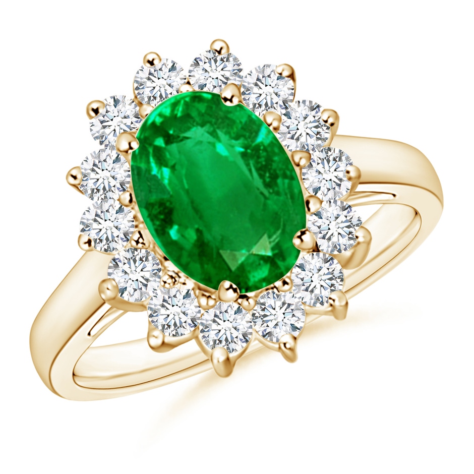 9x7mm AAAA Princess Diana Inspired Emerald Ring with Diamond Halo in Yellow Gold 