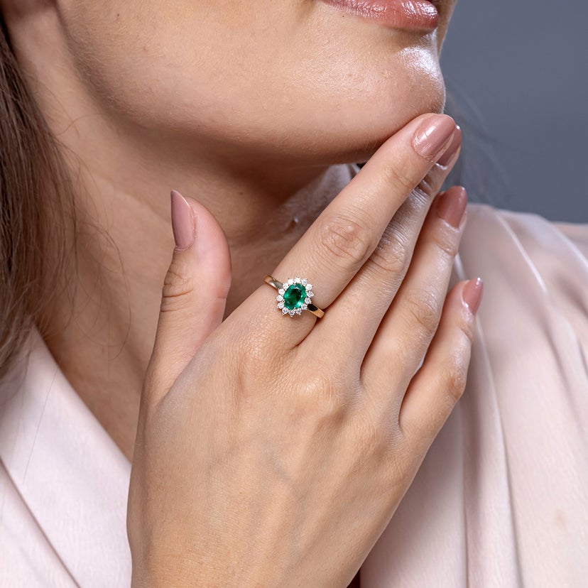 Princess Diana Inspired Emerald Ring with Diamond Halo