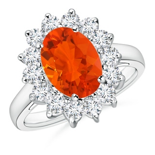 10x8mm AAA Princess Diana Inspired Fire Opal Ring with Diamond Halo in White Gold