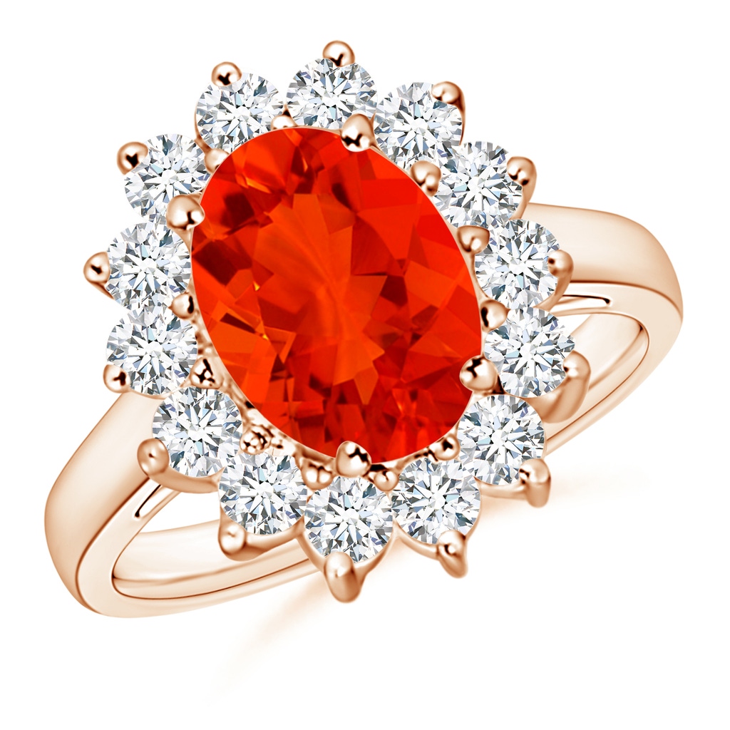 10x8mm AAAA Princess Diana Inspired Fire Opal Ring with Diamond Halo in Rose Gold