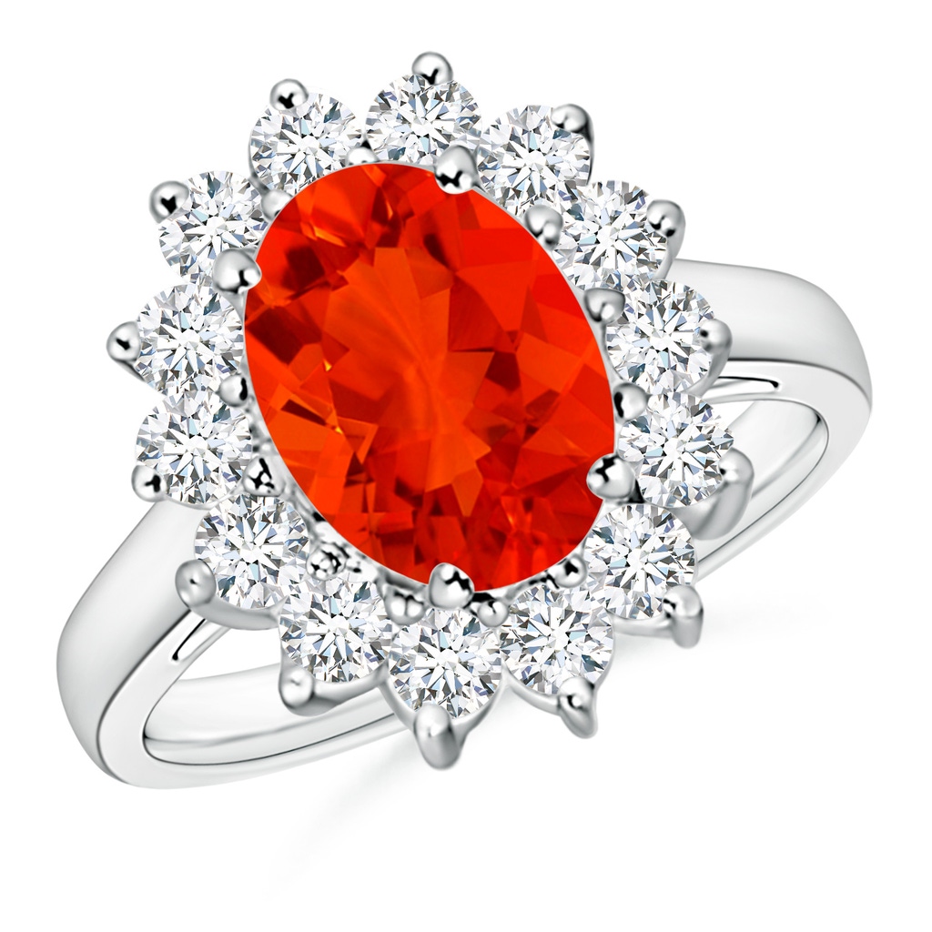 10x8mm AAAA Princess Diana Inspired Fire Opal Ring with Diamond Halo in White Gold