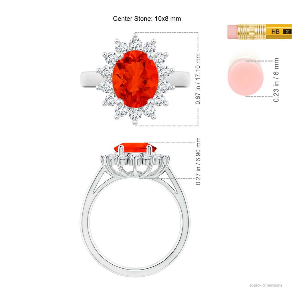 10x8mm AAAA Princess Diana Inspired Fire Opal Ring with Diamond Halo in White Gold Ruler