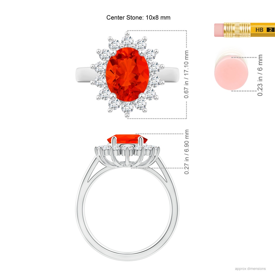 10x8mm AAAA Princess Diana Inspired Fire Opal Ring with Diamond Halo in White Gold ruler