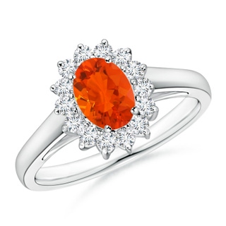 7x5mm AAA Princess Diana Inspired Fire Opal Ring with Diamond Halo in White Gold