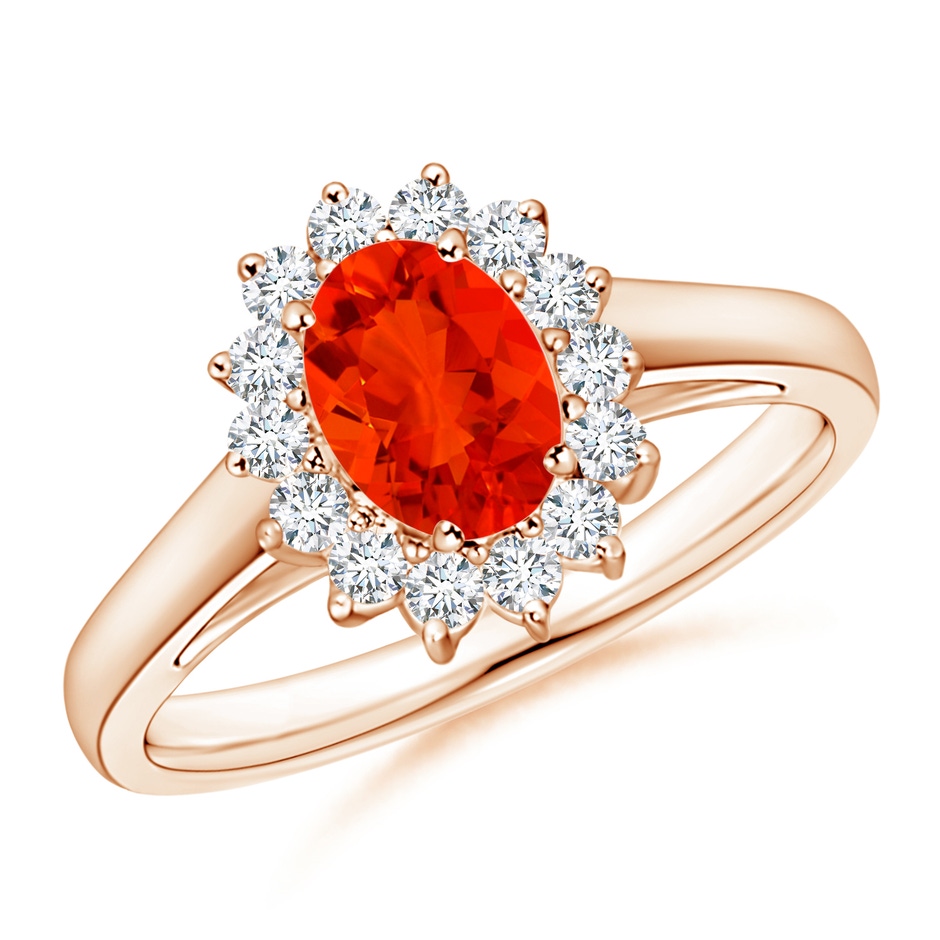 7x5mm AAAA Princess Diana Inspired Fire Opal Ring with Diamond Halo in 18K Rose Gold 