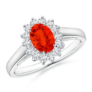 7x5mm AAAA Princess Diana Inspired Fire Opal Ring with Diamond Halo in P950 Platinum