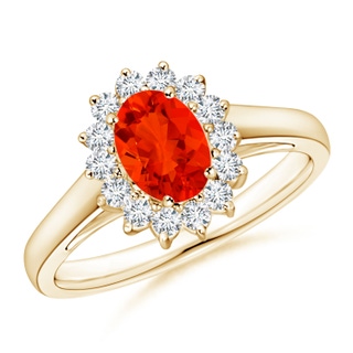 7x5mm AAAA Princess Diana Inspired Fire Opal Ring with Diamond Halo in Yellow Gold