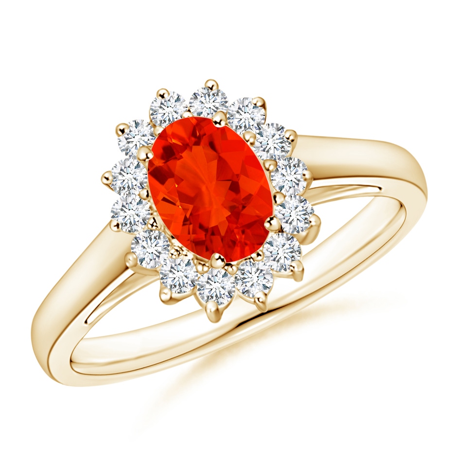 7x5mm AAAA Princess Diana Inspired Fire Opal Ring with Diamond Halo in Yellow Gold 