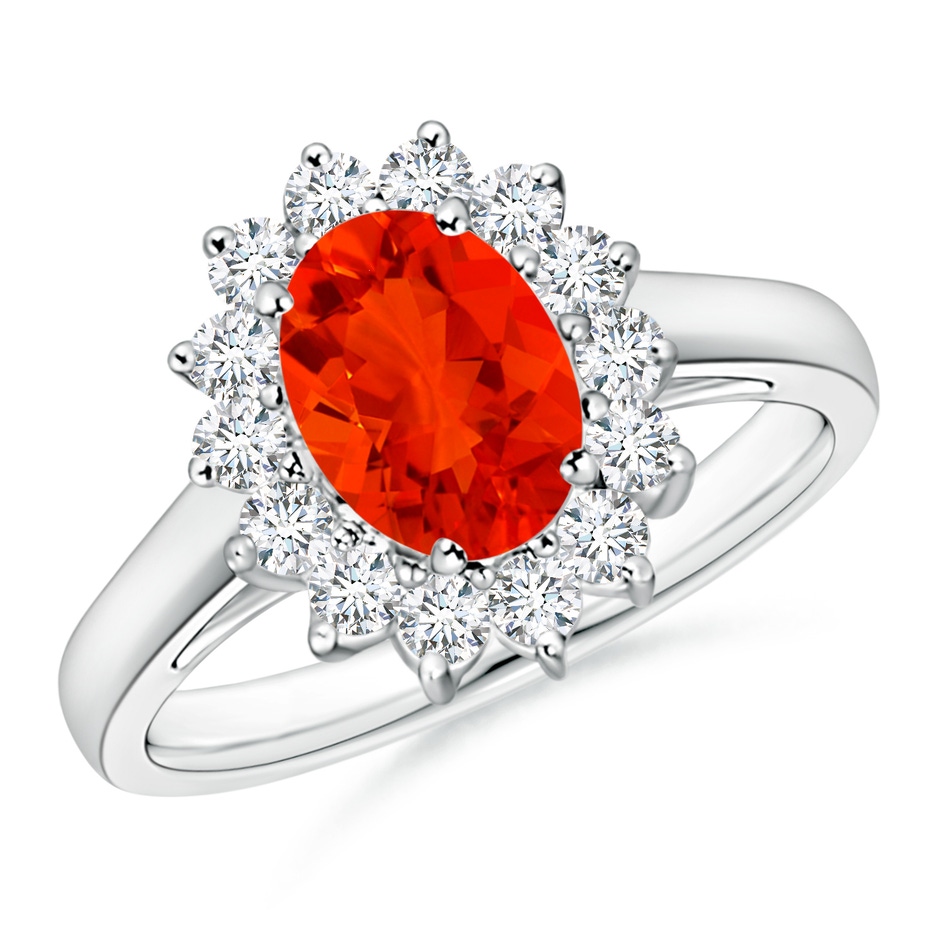 8x6mm AAAA Princess Diana Inspired Fire Opal Ring with Diamond Halo in P950 Platinum 