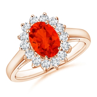 8x6mm AAAA Princess Diana Inspired Fire Opal Ring with Diamond Halo in Rose Gold