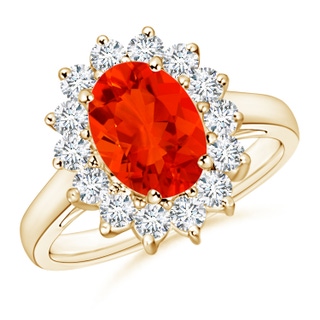 9x7mm AAAA Princess Diana Inspired Fire Opal Ring with Diamond Halo in Yellow Gold
