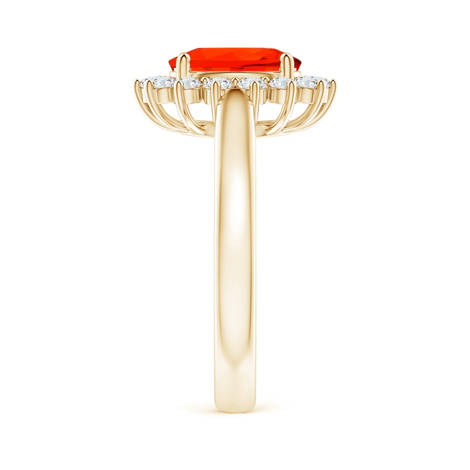 9x7mm AAAA Princess Diana Inspired Fire Opal Ring with Diamond Halo in Yellow Gold side 299