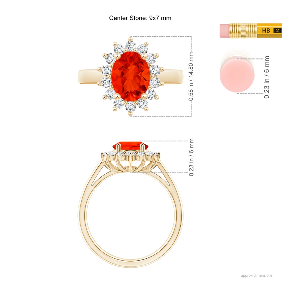 9x7mm AAAA Princess Diana Inspired Fire Opal Ring with Diamond Halo in Yellow Gold ruler