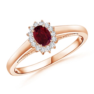 5x3mm AA Princess Diana Inspired Garnet Ring with Diamond Halo in 10K Rose Gold