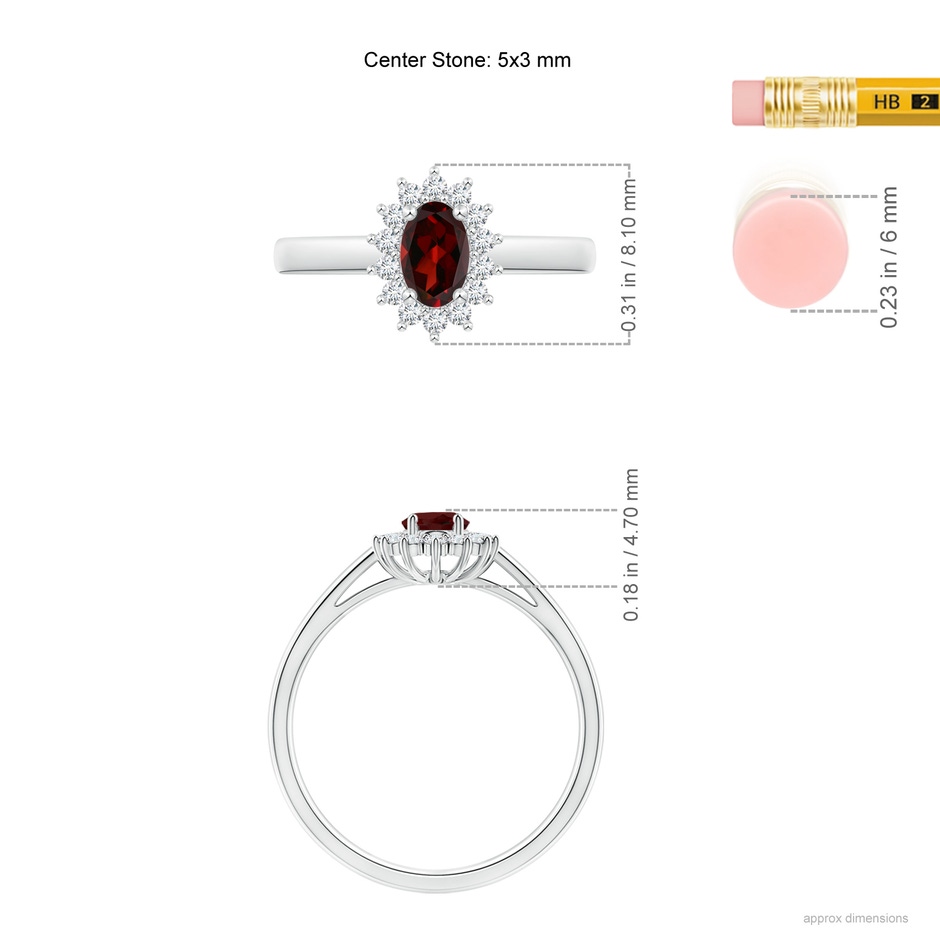 5x3mm AAA Princess Diana Inspired Garnet Ring with Diamond Halo in White Gold ruler