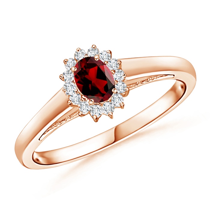 5x3mm AAAA Princess Diana Inspired Garnet Ring with Diamond Halo in 10K Rose Gold 
