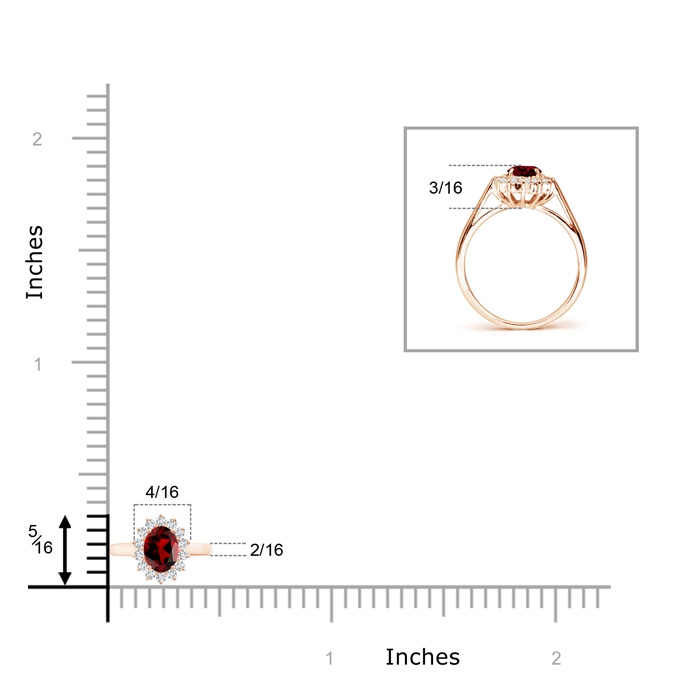 5x3mm AAAA Princess Diana Inspired Garnet Ring with Diamond Halo in 10K Rose Gold Ruler