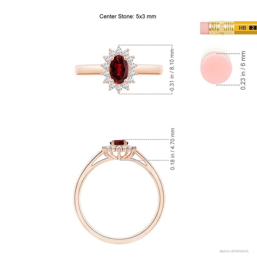 5x3mm AAAA Princess Diana Inspired Garnet Ring with Diamond Halo in Rose Gold Ruler