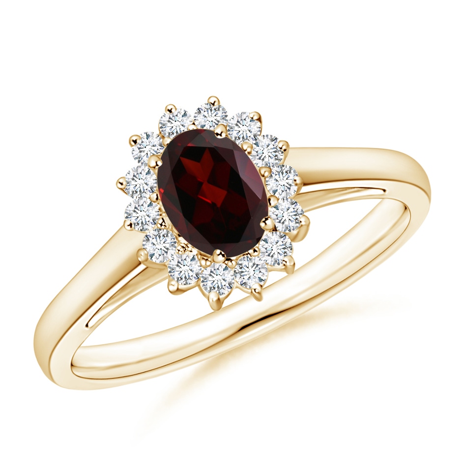 6x4mm A Princess Diana Inspired Garnet Ring with Diamond Halo in 9K Yellow Gold 