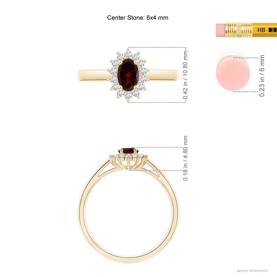 6x4mm A Princess Diana Inspired Garnet Ring with Diamond Halo in 9K Yellow Gold ruler