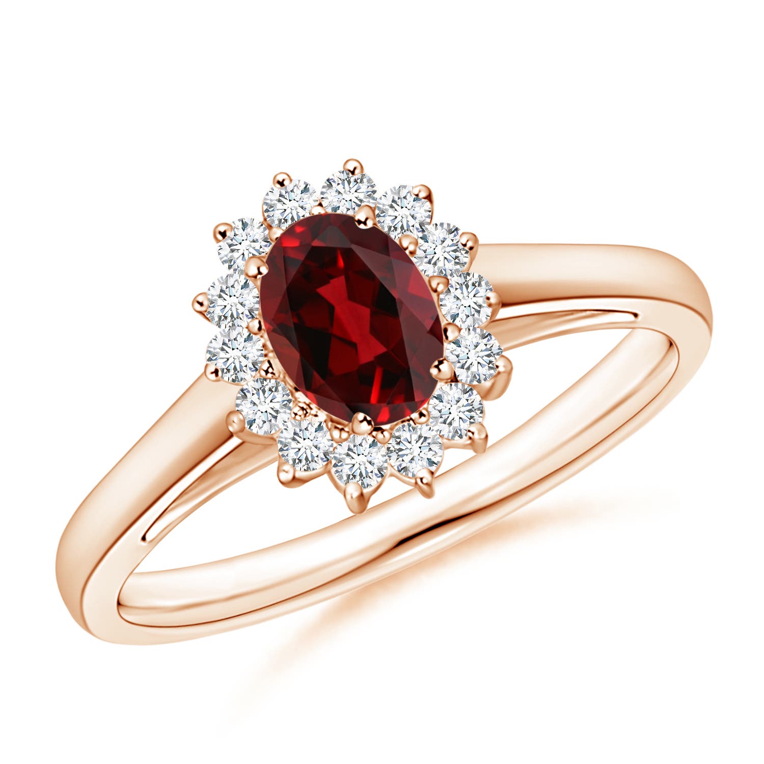 6x4mm AAAA Princess Diana Inspired Garnet Ring with Diamond Halo in 18K Rose Gold