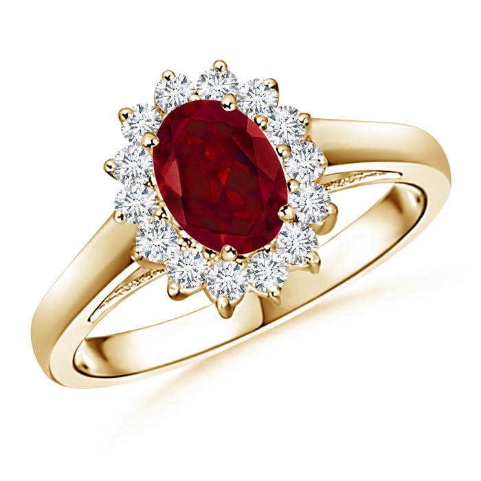 7x5mm AAA Princess Diana Inspired Garnet Ring with Diamond Halo in 10K Yellow Gold
