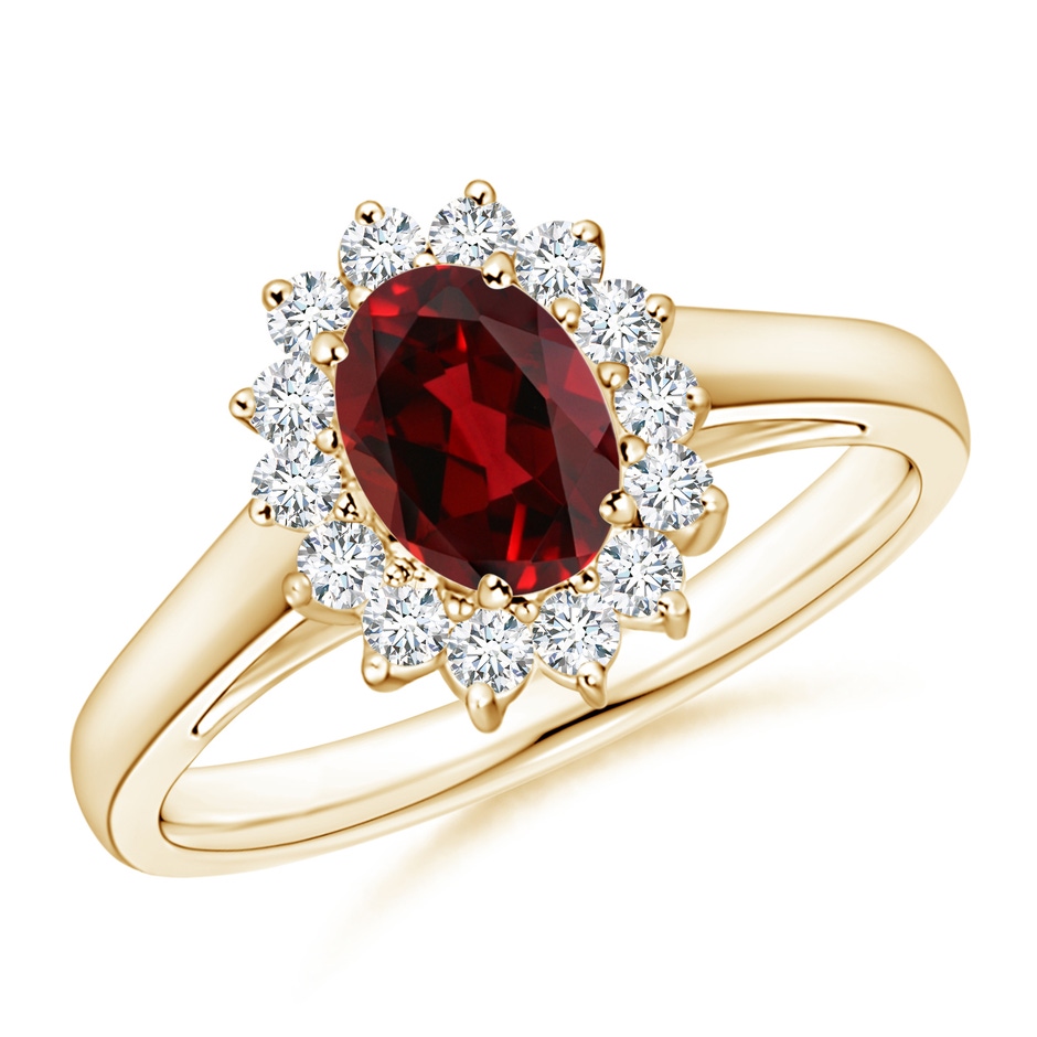 7x5mm AAAA Princess Diana Inspired Garnet Ring with Diamond Halo in Yellow Gold 
