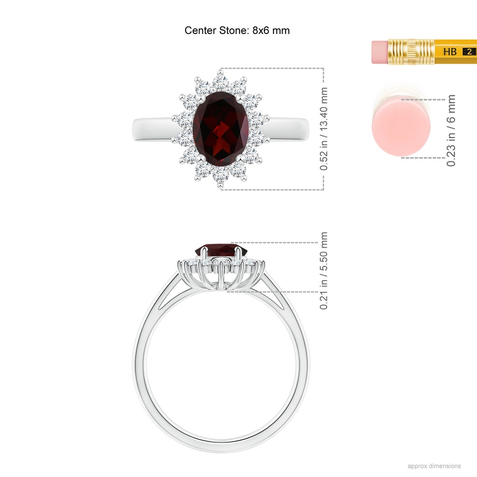 8x6mm A Princess Diana Inspired Garnet Ring with Diamond Halo in White Gold ruler