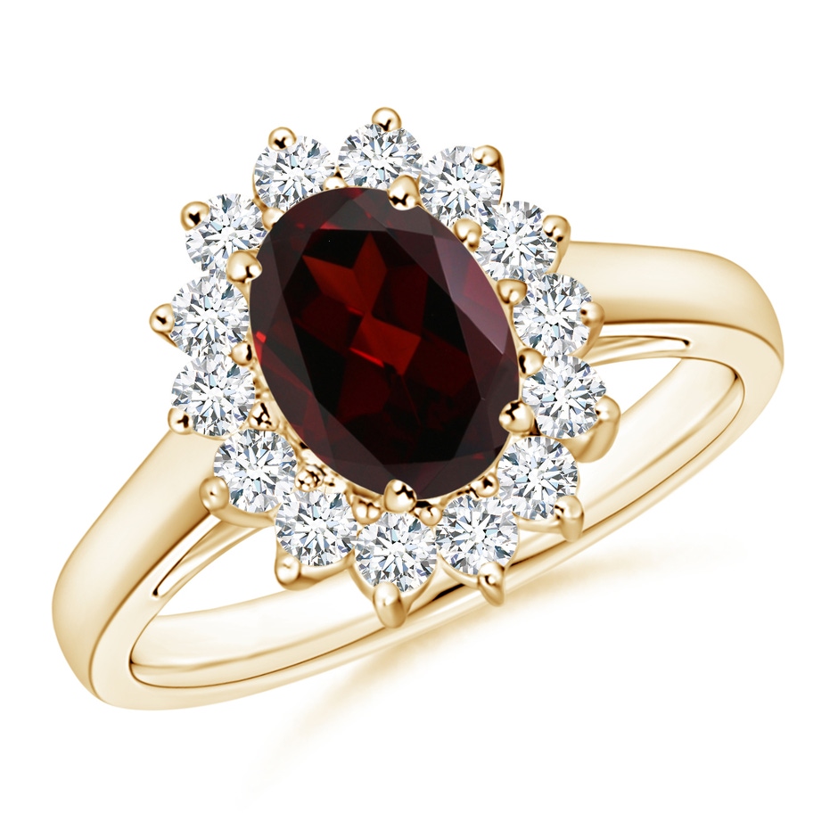 8x6mm A Princess Diana Inspired Garnet Ring with Diamond Halo in Yellow Gold 