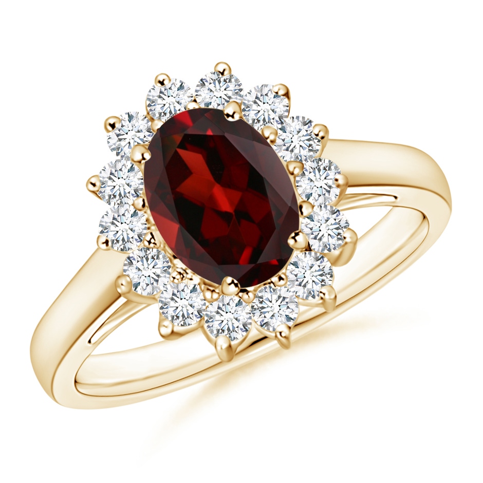 8x6mm AAA Princess Diana Inspired Garnet Ring with Diamond Halo in Yellow Gold 