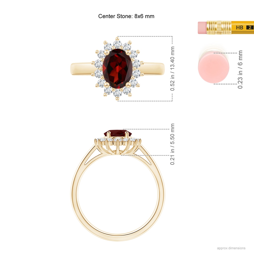8x6mm AAA Princess Diana Inspired Garnet Ring with Diamond Halo in Yellow Gold Ruler