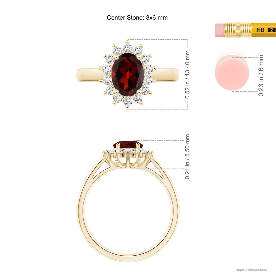 8x6mm AAA Princess Diana Inspired Garnet Ring with Diamond Halo in Yellow Gold ruler