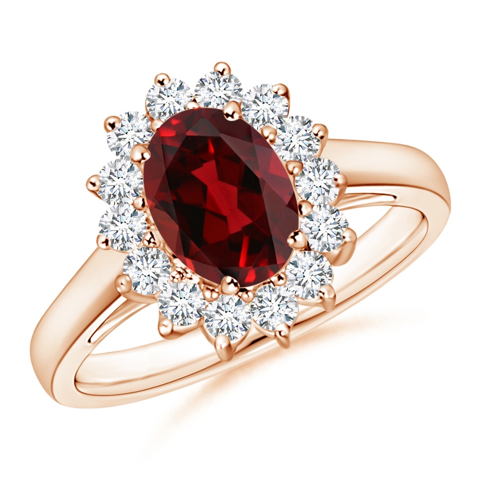 8x6mm AAAA Princess Diana Inspired Garnet Ring with Diamond Halo in 18K Rose Gold 