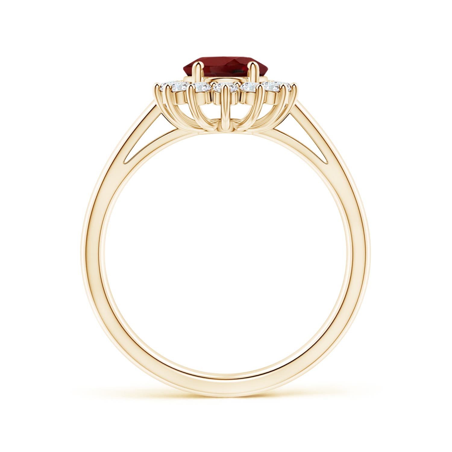 8x6mm AAAA Princess Diana Inspired Garnet Ring with Diamond Halo in Yellow Gold - side 3