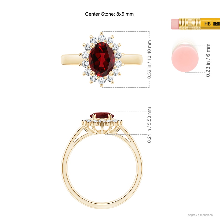 8x6mm AAAA Princess Diana Inspired Garnet Ring with Diamond Halo in Yellow Gold ruler