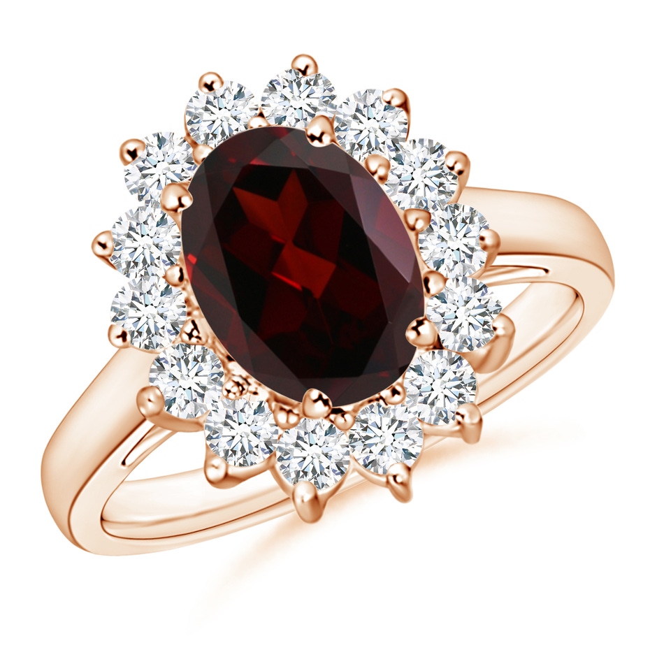9x7mm A Princess Diana Inspired Garnet Ring with Diamond Halo in Rose Gold 