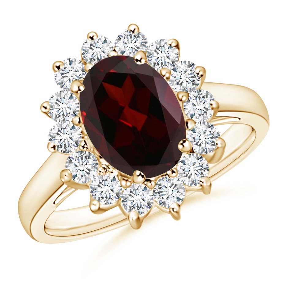 9x7mm A Princess Diana Inspired Garnet Ring with Diamond Halo in Yellow Gold 