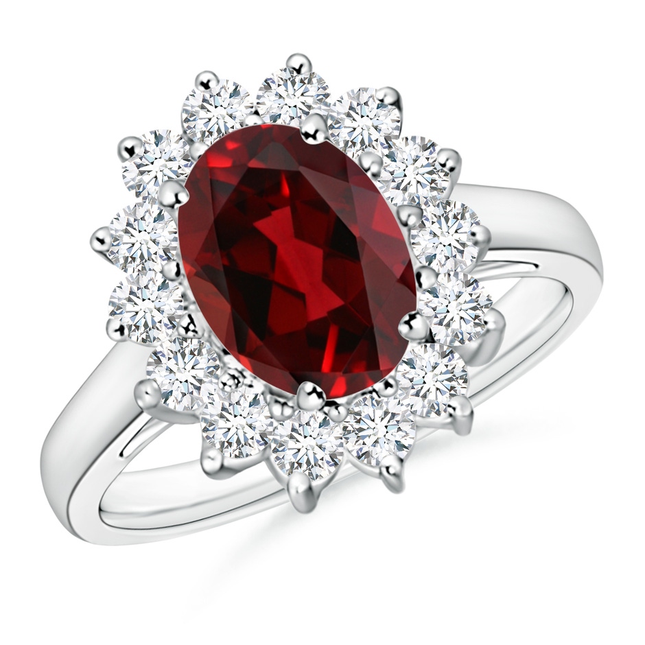9x7mm AAAA Princess Diana Inspired Garnet Ring with Diamond Halo in P950 Platinum 