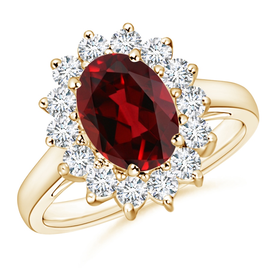 9x7mm AAAA Princess Diana Inspired Garnet Ring with Diamond Halo in Yellow Gold 