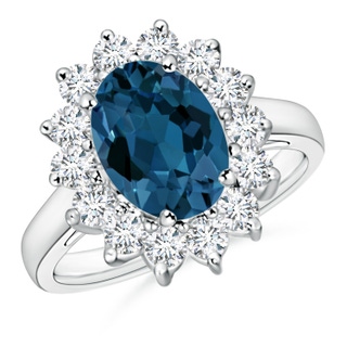 10x8mm AAA Princess Diana Inspired London Blue Topaz Ring with Halo in White Gold