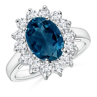 10x8mm AAAA Princess Diana Inspired London Blue Topaz Ring with Halo in P950 Platinum