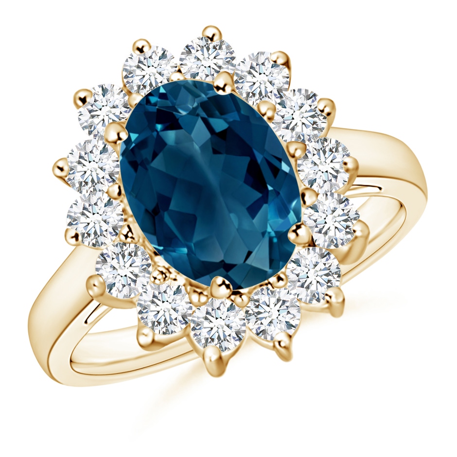 10x8mm AAAA Princess Diana Inspired London Blue Topaz Ring with Halo in Yellow Gold 