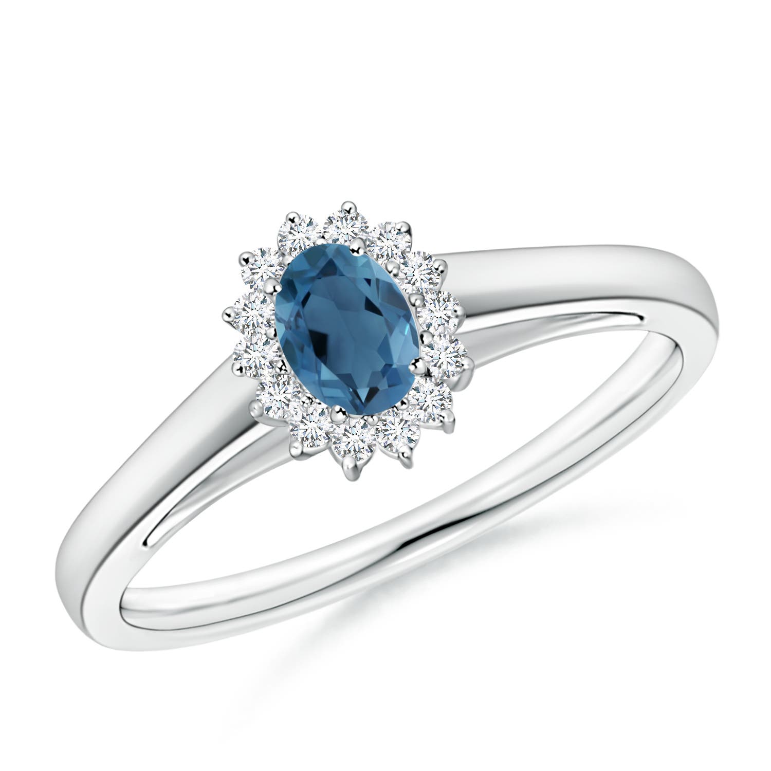 5x3mm A Princess Diana Inspired London Blue Topaz Ring with Halo in P950 Platinum