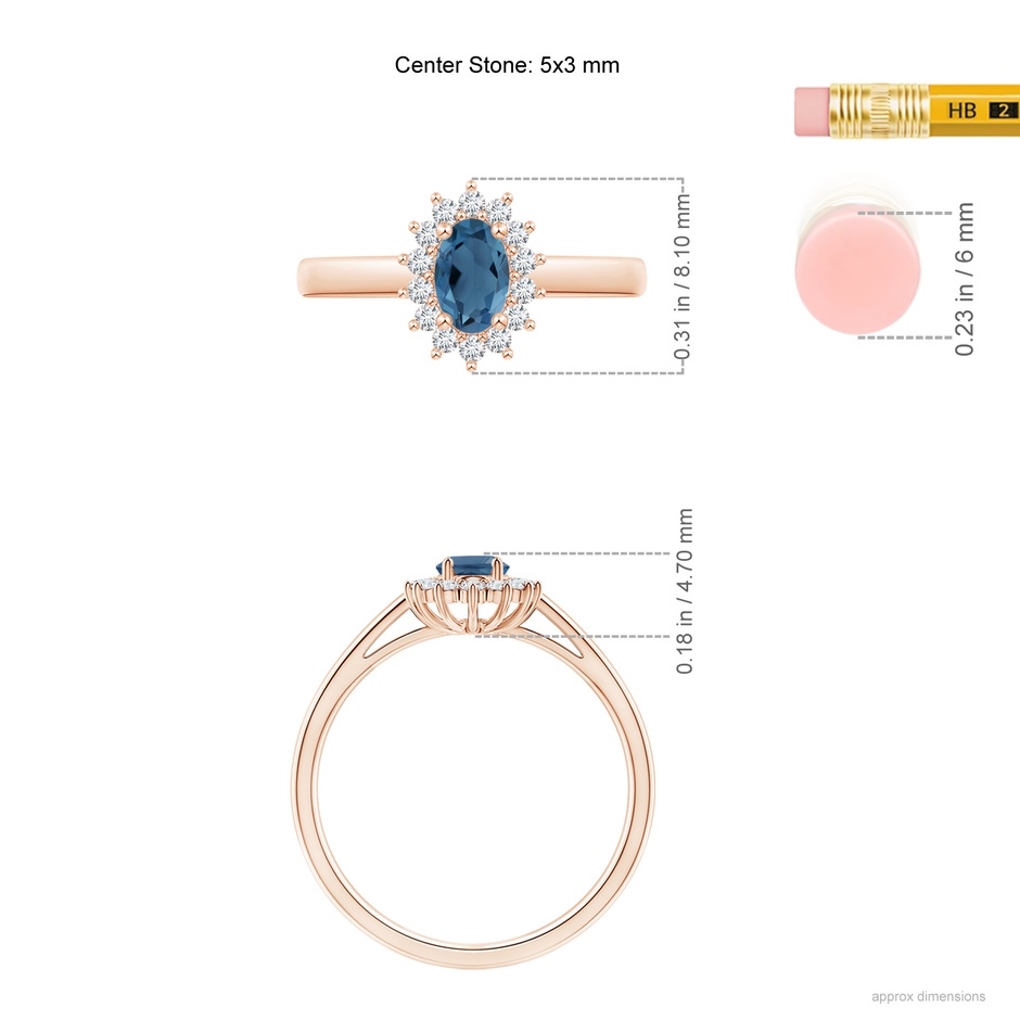 5x3mm A Princess Diana Inspired London Blue Topaz Ring with Halo in Rose Gold ruler