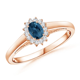 5x3mm AA Princess Diana Inspired London Blue Topaz Ring with Halo in 9K Rose Gold
