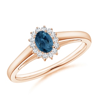 5x3mm AA Princess Diana Inspired London Blue Topaz Ring with Halo in Rose Gold