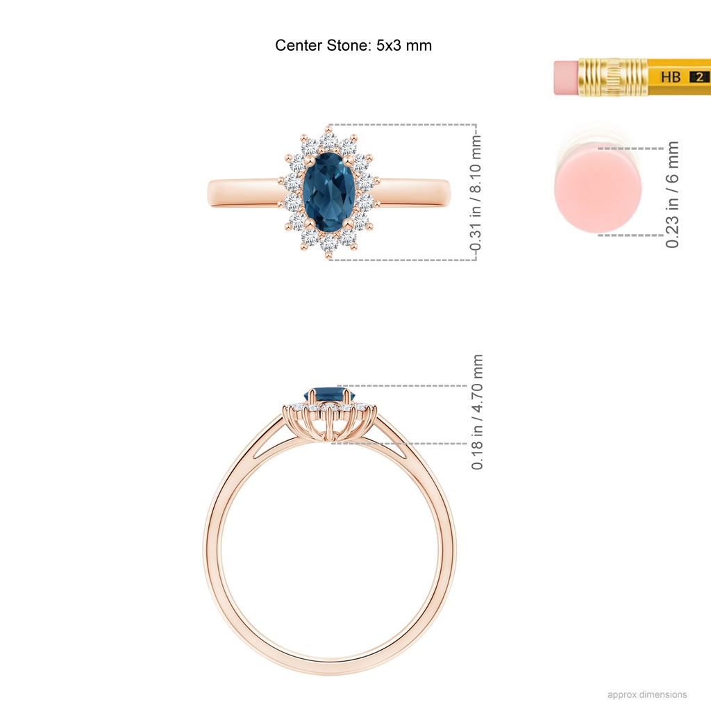 5x3mm AA Princess Diana Inspired London Blue Topaz Ring with Halo in Rose Gold Ruler