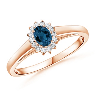 5x3mm AAA Princess Diana Inspired London Blue Topaz Ring with Halo in 9K Rose Gold