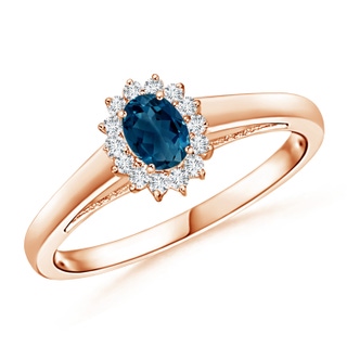 5x3mm AAAA Princess Diana Inspired London Blue Topaz Ring with Halo in 9K Rose Gold